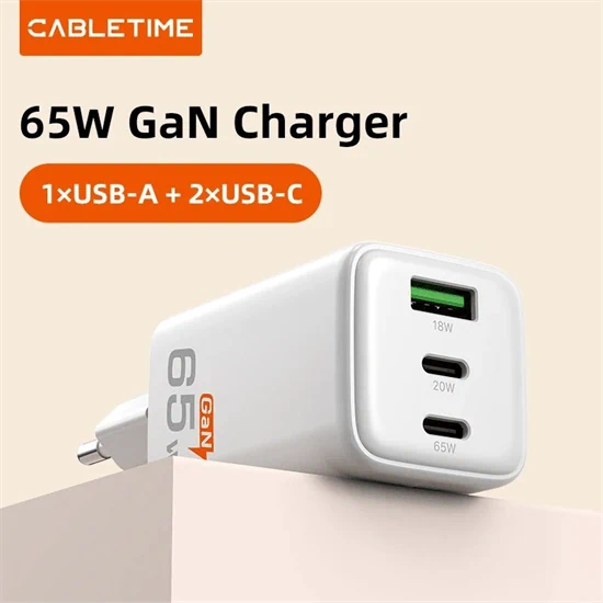 CableTime Portable 65w GaN USB-C 3 Ports Wall Charger